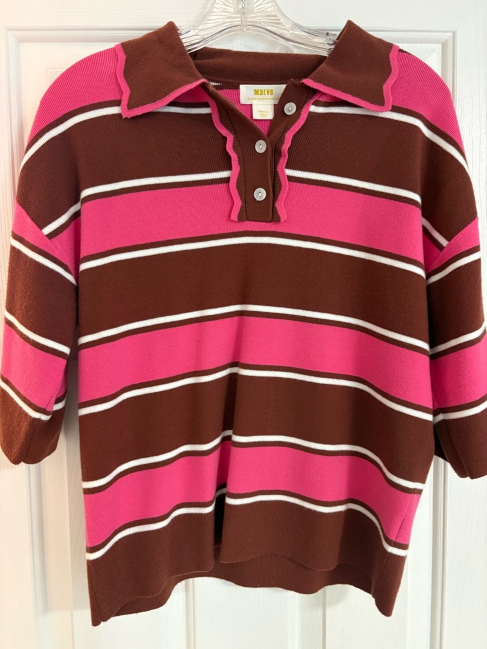 Anthropologie Maeve Pink and Brown Striped Polo Shirt